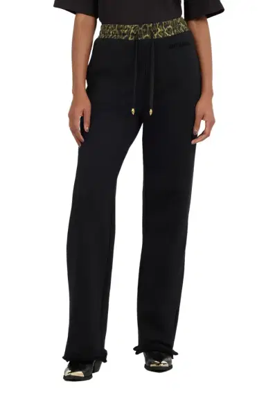 Roberto Cavalli Black Flared Trousers With Leopard Print Waistband | Thumbnail 1
