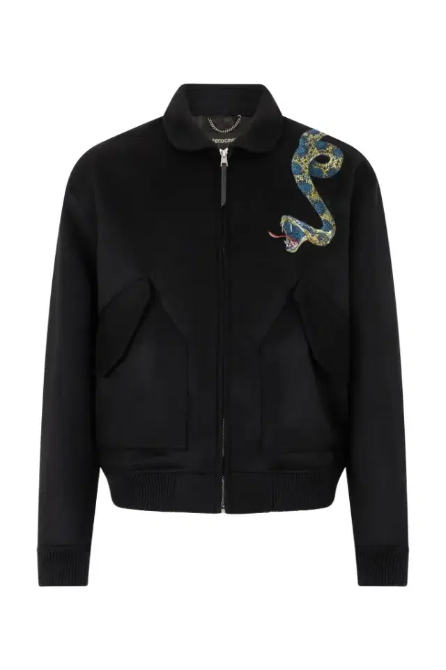 Black Bomber Jacket With Snake Embroidery