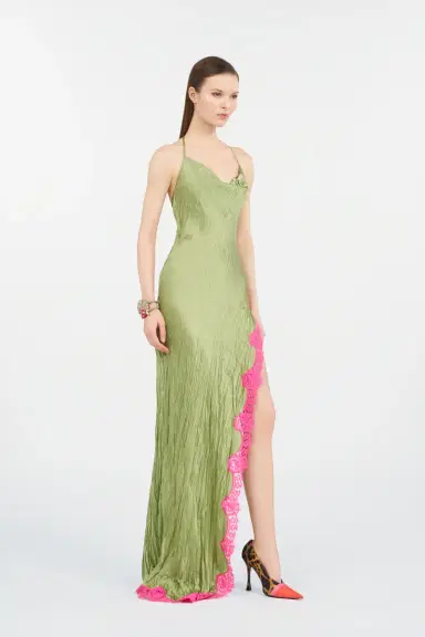 Roberto Cavalli Long Silk Dress with Lace Detail | Thumbnail 2