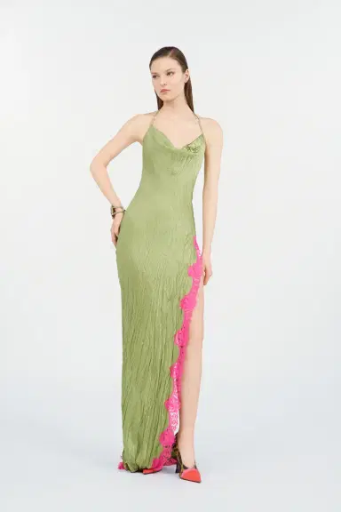 Roberto Cavalli Long Silk Dress with Lace Detail | Thumbnail 7
