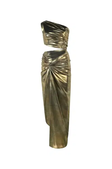 Roberto Cavalli One-Shoulder Gold Dress with Cut-Out Detail | Thumbnail 1 Roberto Cavalli One-Shoulder Gold Dress with Cut-Out Detail | Thumbnail 1