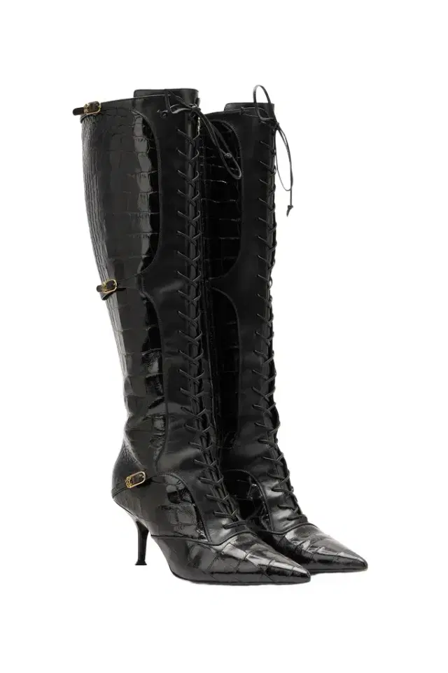 Roberto Cavalli Pointed Lace-Up Boots With Crocodile Effect