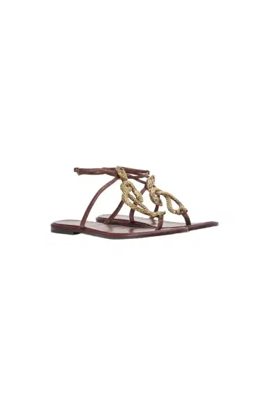 Roberto Cavalli Brown Flat Thong Sandals with Snake Motif | Thumbnail 1