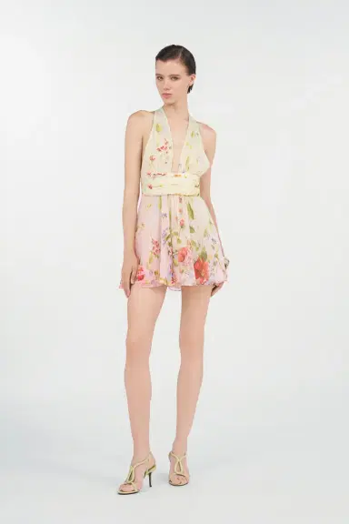 Roberto Cavalli Chiffon Mini Dress with Miami Flowers Print | Thumbnail 7