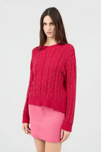 Roberto Cavalli Red Studded Cable-Knit Sweater | Thumbnail 2 Roberto Cavalli Red Studded Cable-Knit Sweater | Thumbnail 2