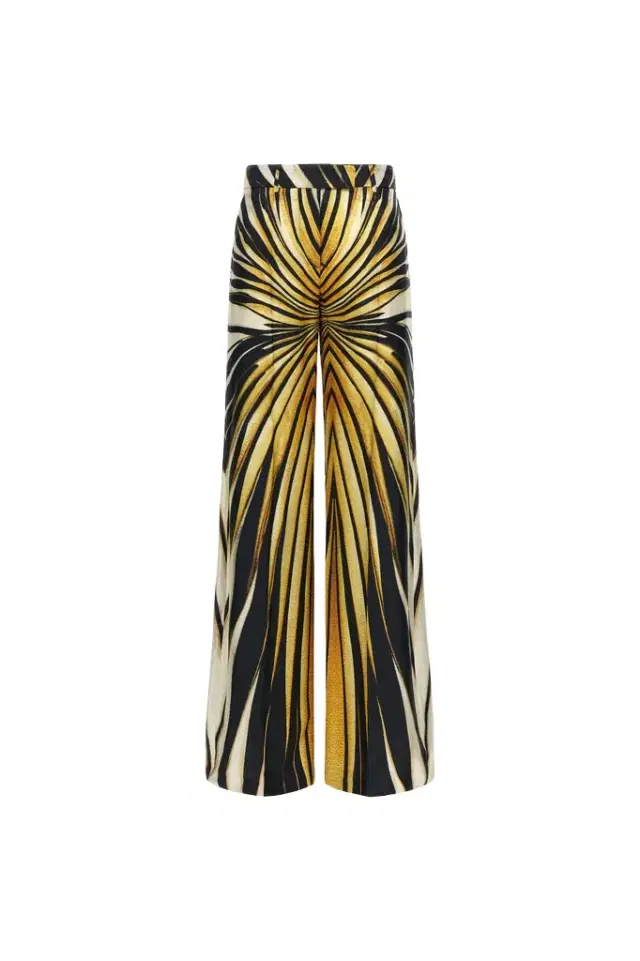 Roberto Cavalli Ray Of Gold Print Silk Palazzo Trousers