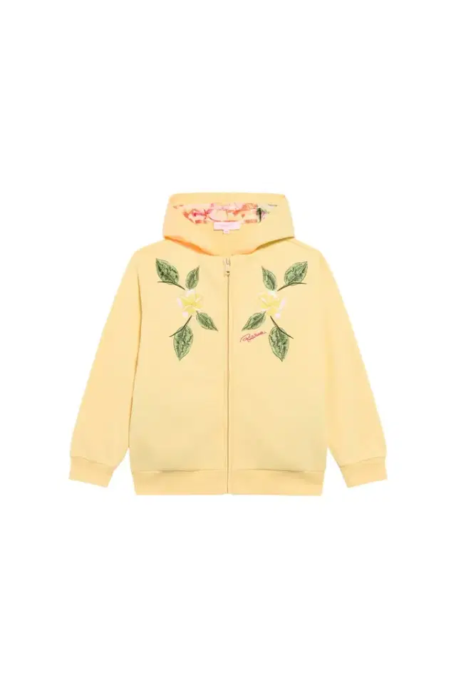 Roberto Cavalli Yellow Zip-Up Hoodie With Floral Embroidery