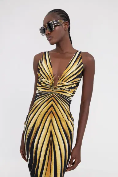 Roberto Cavalli Ray Of Gold Print Dress Midi | Thumbnail 4 Roberto Cavalli Ray Of Gold Print Dress Midi | Thumbnail 4