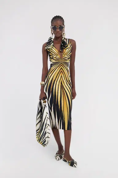 Roberto Cavalli Ray Of Gold Print Dress Midi | Thumbnail 5 Roberto Cavalli Ray Of Gold Print Dress Midi | Thumbnail 5
