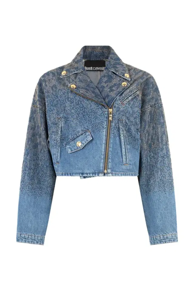 Roberto Cavalli Cropped Denim Jacket With Rhinestones