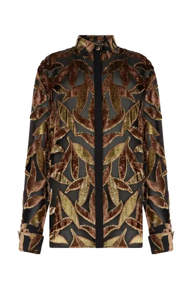 Roberto Cavalli Chocolate Sheer Shirt with Foliage Motif