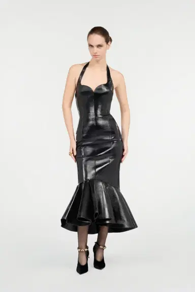 Roberto Cavalli Black Genuine Leather Midi Dress | Thumbnail 6
