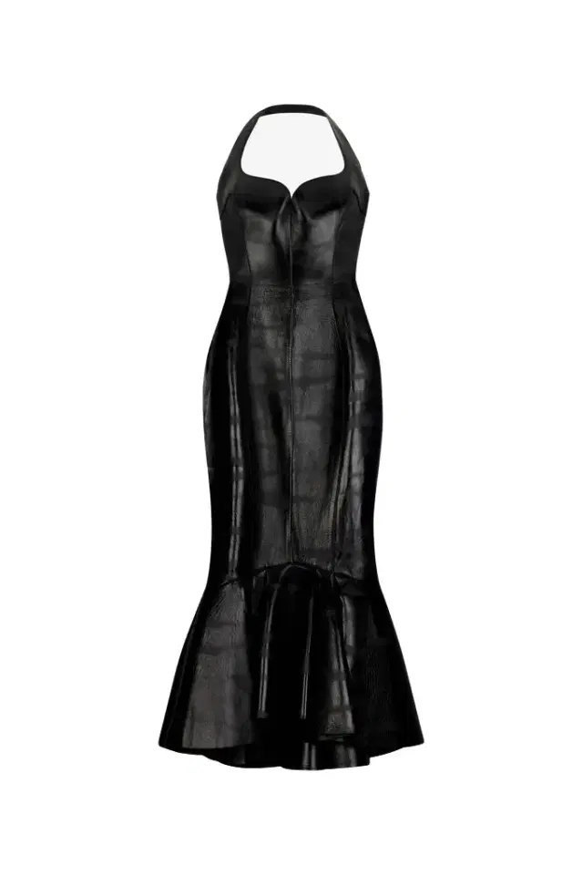 Roberto Cavalli Black Genuine Leather Midi Dress