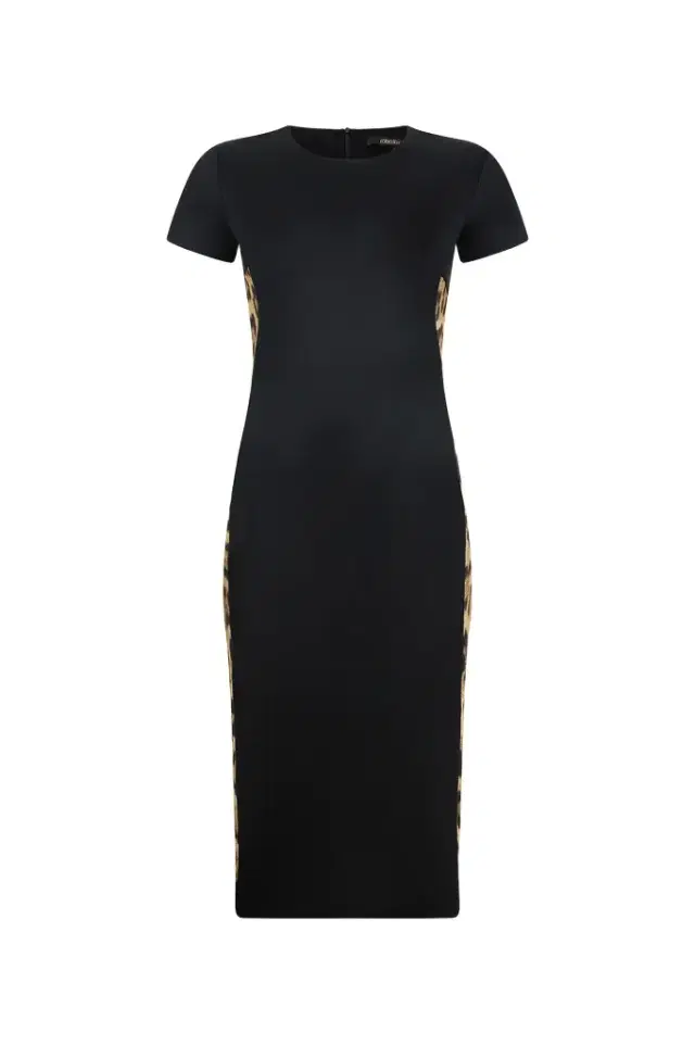 Roberto Cavalli Black Midi Dress With Leopard Print Panels