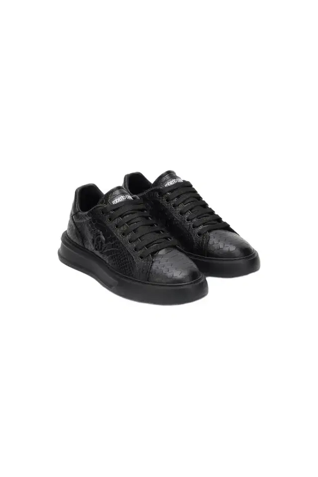 Roberto Cavalli Black Snake-Embossed Sneaker With Monogram RC