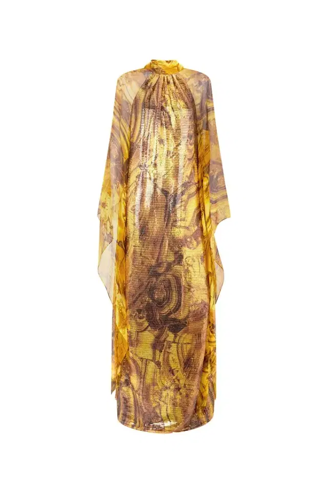 Roberto Cavalli Silk Caftan Dress With Amber Print Sequins