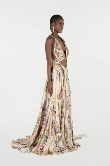 Roberto Cavalli Extra-Long Silk Dress With Oriental Bird Print | Thumbnail 2 Roberto Cavalli Extra-Long Silk Dress With Oriental Bird Print | Thumbnail 2