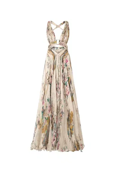Roberto Cavalli Extra-Long Silk Dress With Oriental Bird Print | Thumbnail 1 Roberto Cavalli Extra-Long Silk Dress With Oriental Bird Print | Thumbnail 1