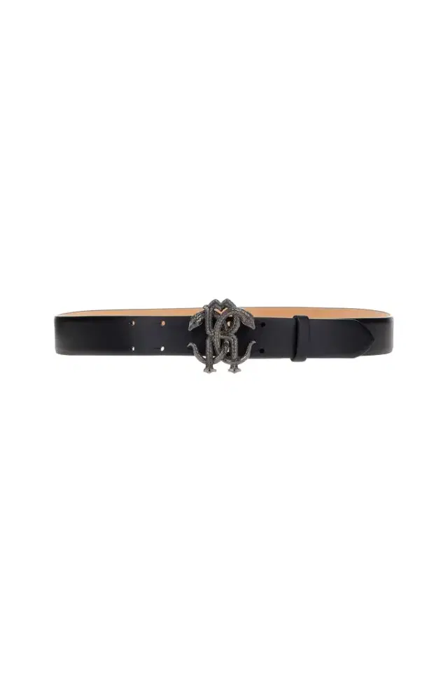 Roberto Cavalli Black Leather Belt With Monogram RC Snake Buckle