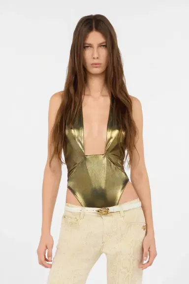 Roberto Cavalli Gold One-Piece Swimsuit with Geometric Neckline | Thumbnail 2