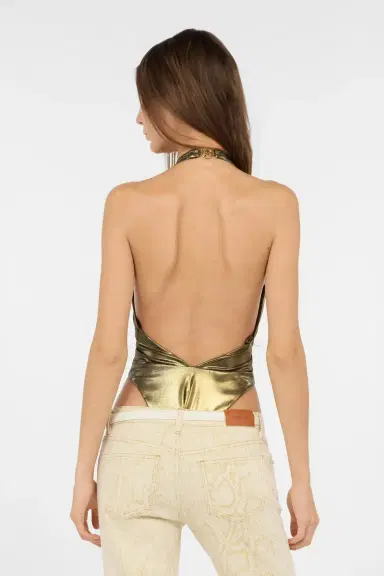 Roberto Cavalli Gold One-Piece Swimsuit with Geometric Neckline | Thumbnail 3