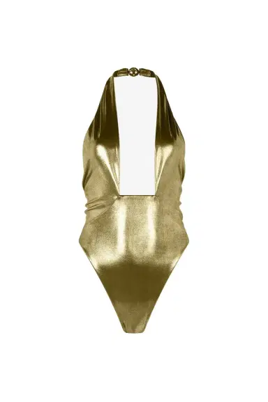 Roberto Cavalli Gold One-Piece Swimsuit with Geometric Neckline | Thumbnail 1