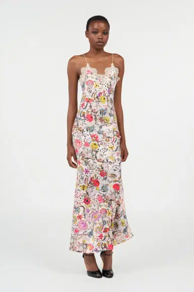 Roberto Cavalli Long Silk Dress with Florentine Flowers Print | Thumbnail 2