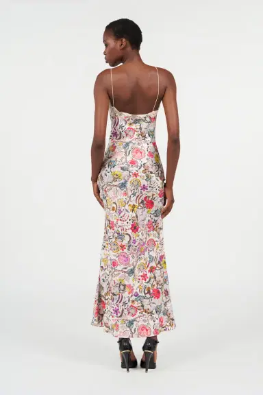 Roberto Cavalli Long Silk Dress with Florentine Flowers Print | Thumbnail 3