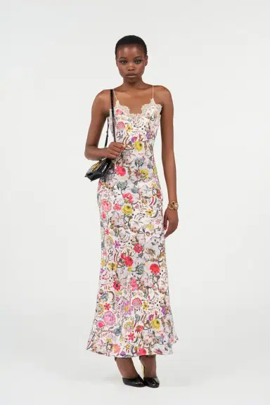 Roberto Cavalli Long Silk Dress with Florentine Flowers Print | Thumbnail 7