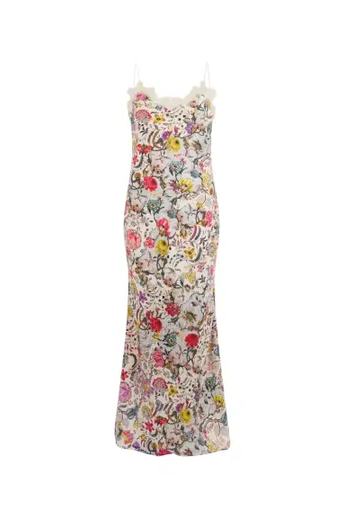 Roberto Cavalli Long Silk Dress with Florentine Flowers Print | Thumbnail 1