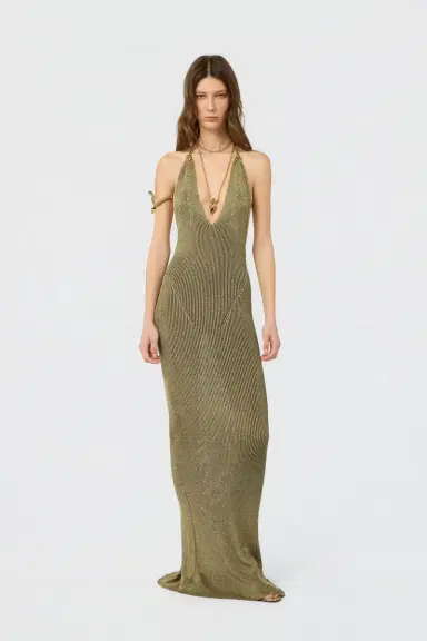 Roberto Cavalli Black and Gold Ribbed Maxi Dress with Snake Motif | Thumbnail 2