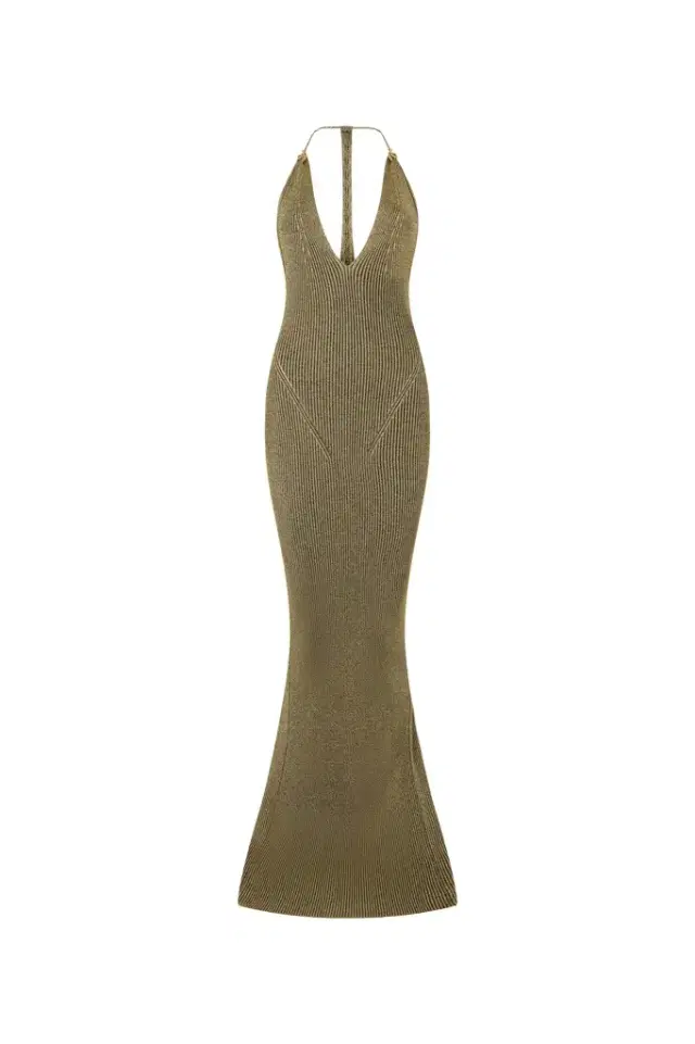 Black and Gold Ribbed Maxi Dress with Snake Motif
