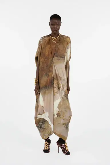 Roberto Cavalli Beige Caftan With Affresco Printed On Silk Twill | Thumbnail 7