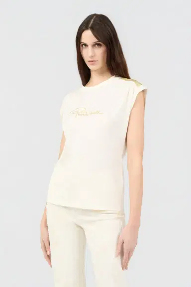 Roberto Cavalli Ivory T-Shirt with Logo and Gold Embellishments | Thumbnail 2 Roberto Cavalli Ivory T-Shirt with Logo and Gold Embellishments | Thumbnail 2