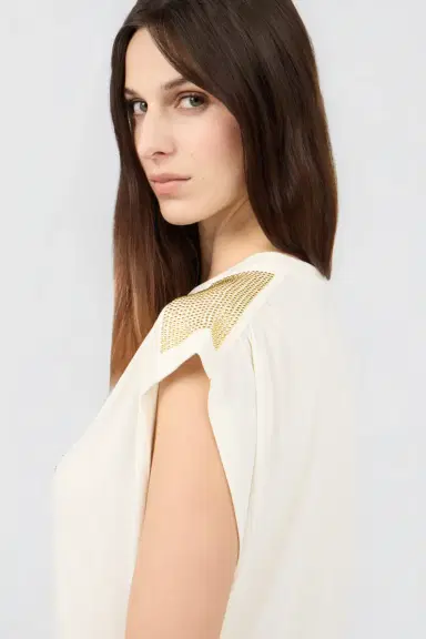 Roberto Cavalli Ivory T-Shirt with Logo and Gold Embellishments | Thumbnail 5 Roberto Cavalli Ivory T-Shirt with Logo and Gold Embellishments | Thumbnail 5