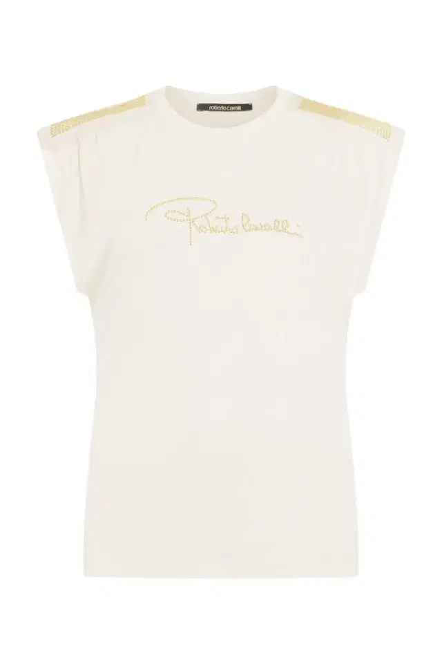 Roberto Cavalli Ivory T-Shirt with Logo and Gold Embellishments