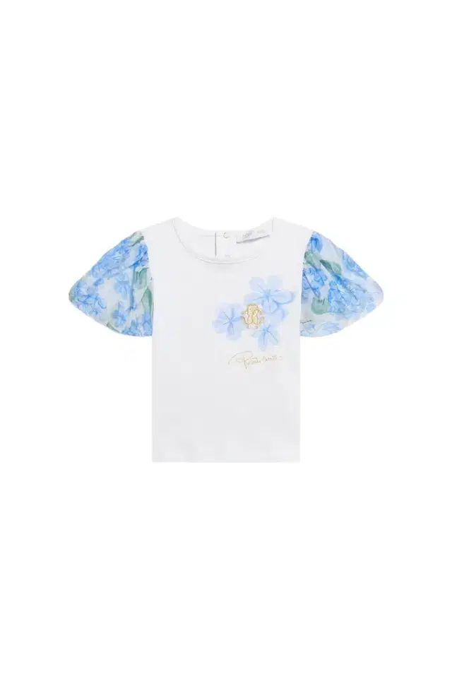 Roberto Cavalli White Cotton T-Shirt with Floral Sleeves
