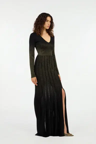 Roberto Cavalli Long dress in black and gold with pleated skirt | Thumbnail 2