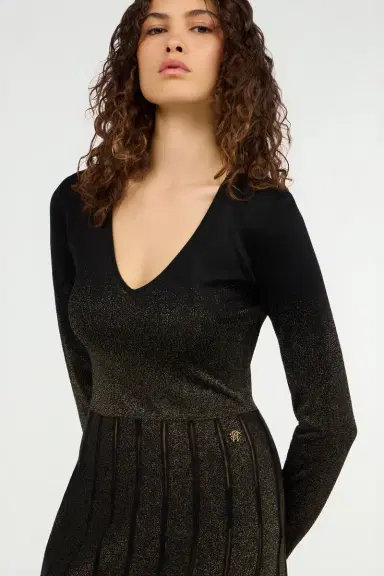 Roberto Cavalli Long dress in black and gold with pleated skirt | Thumbnail 5