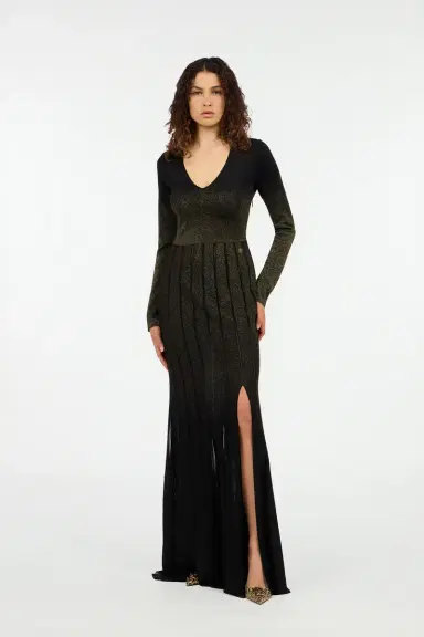 Roberto Cavalli Long dress in black and gold with pleated skirt | Thumbnail 7