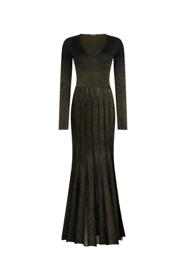 Long dress in black and gold with pleated skirt