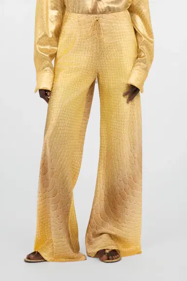 Roberto Cavalli Wide-Leg Silk Pants with Beige and Sand Serpentine Print | Thumbnail 2