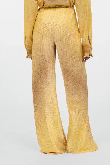 Roberto Cavalli Wide-Leg Silk Pants with Beige and Sand Serpentine Print | Thumbnail 3