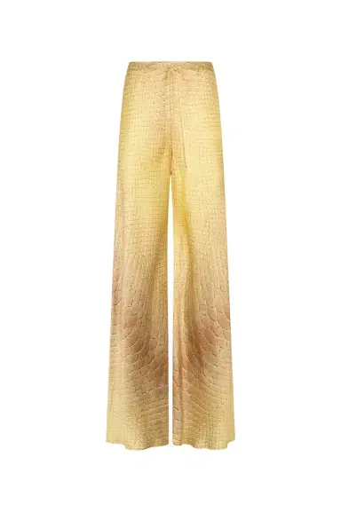 Roberto Cavalli Wide-Leg Silk Pants with Beige and Sand Serpentine Print | Thumbnail 1