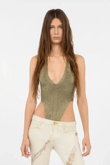 Roberto Cavalli Black and Gold Ribbed Bodysuit with Snakes | Thumbnail 2
