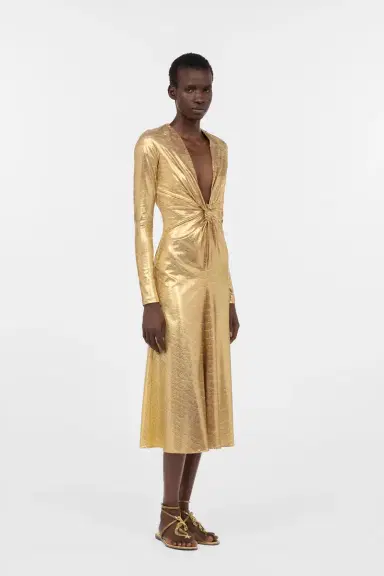 Roberto Cavalli Beige Gold Midi Dress with Serpentine Print | Thumbnail 2