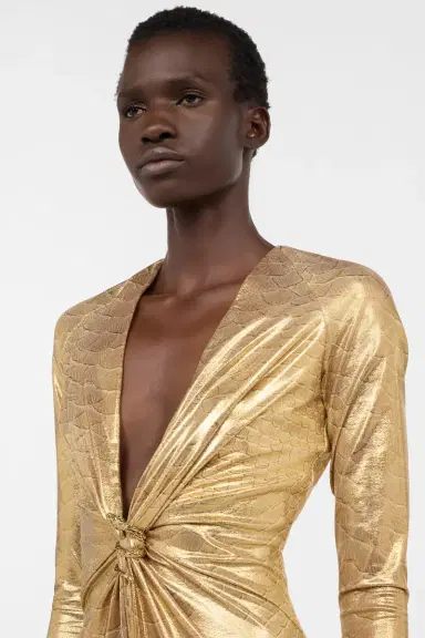 Roberto Cavalli Beige Gold Midi Dress with Serpentine Print | Thumbnail 5
