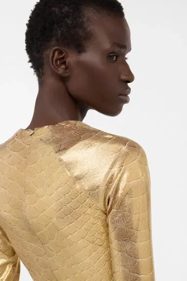 Roberto Cavalli Beige Gold Midi Dress with Serpentine Print | Thumbnail 6