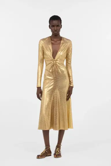 Roberto Cavalli Beige Gold Midi Dress with Serpentine Print | Thumbnail 7