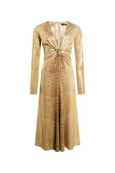 Roberto Cavalli Beige Gold Midi Dress with Serpentine Print | Thumbnail 1